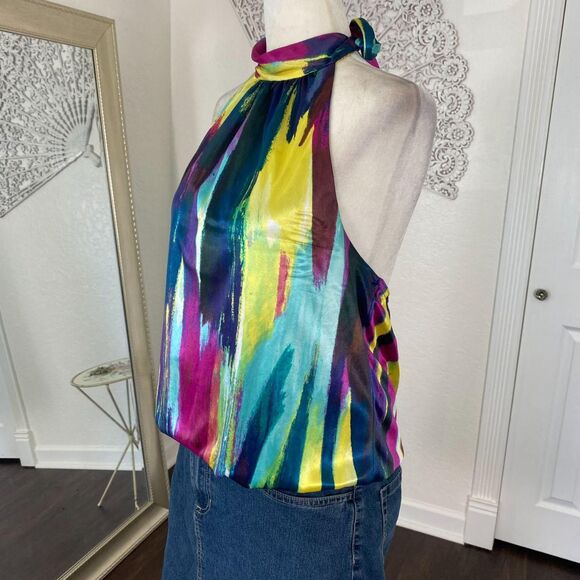 Bcx Early 2000's Cinched Multi Colorful Satin High Neck Tie Halter Top L - Picture 2 of 6
